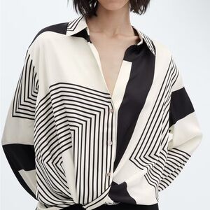 Mango Black and White Geometric Blouse